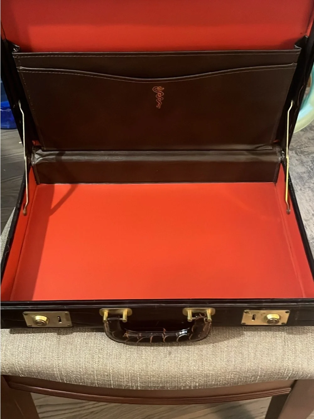 Croc-Embossed Black Briefcase with Gold Hardware and Top Handle